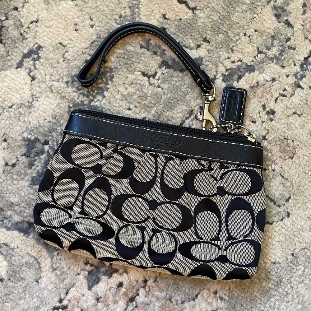 Coach Black and Khaki Signature Canvas Wristlet